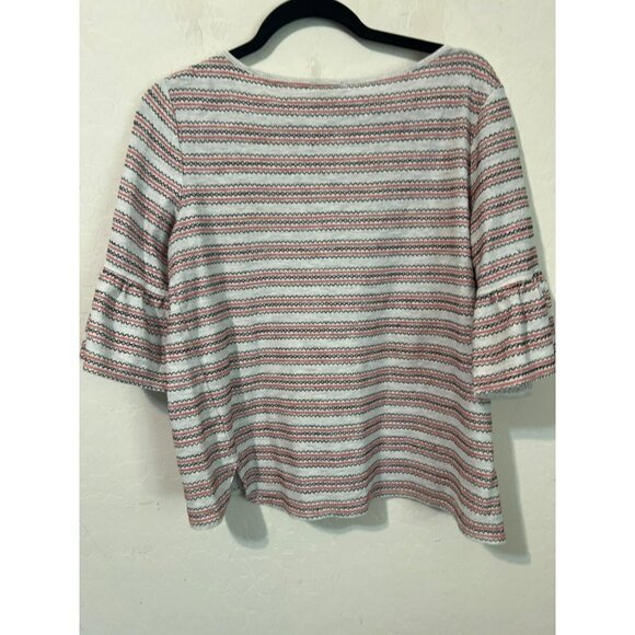 Max Studio Sz L Ruffle Sleeve Embroidered Stripe Top Coral Black White - Picture 6 of 7